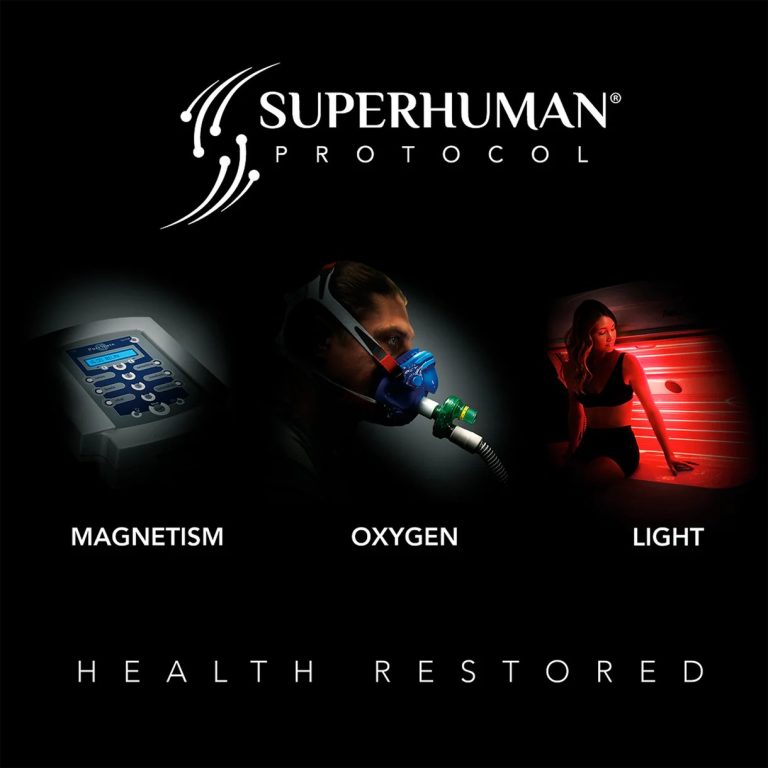Superhuman Protocol chart showing the PEMF, EWOT and red light therapy stages